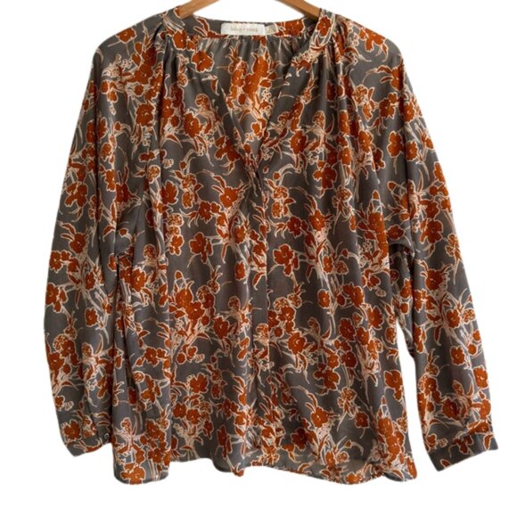 bishop + young Tops - Bishop + Young Floral V-Neck Blouse Rust Gray Orange XL Long Sleeve Top